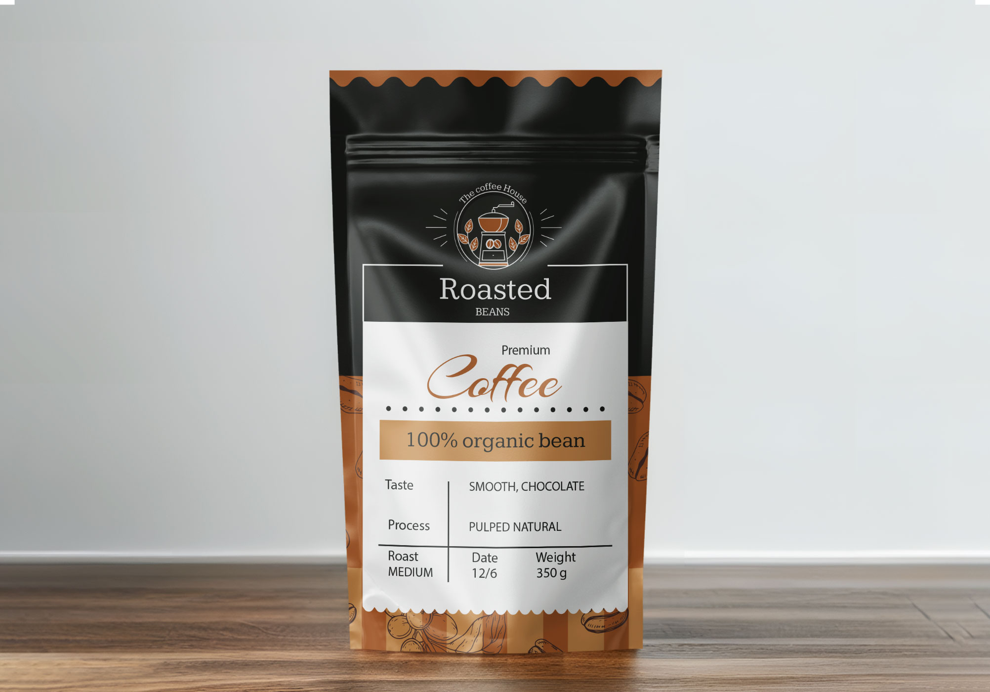 Premium Stand-up pouch in resealable mylar bag with organic bean label