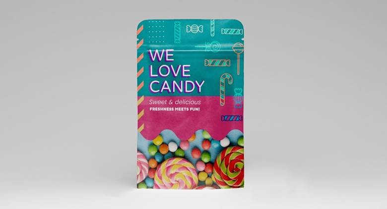 Printed food-safe pouch for candies with resealable zip and colorful branding