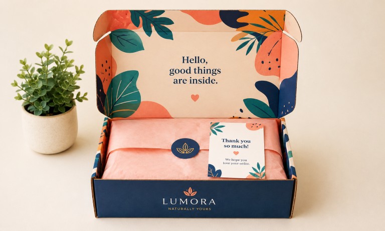 Custom-printed e-commerce mailer box for product safety and tissue paper, branded sticker, and thank-you card for a better unboxing experience.