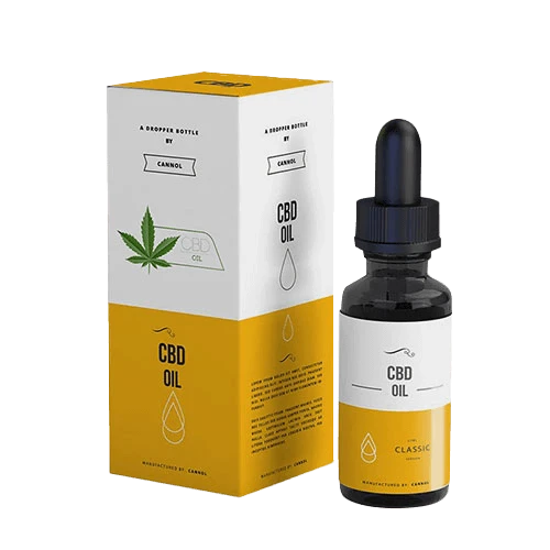 Custom printed CBD box and dropper bottle, showcasing bright colors and gloss finish