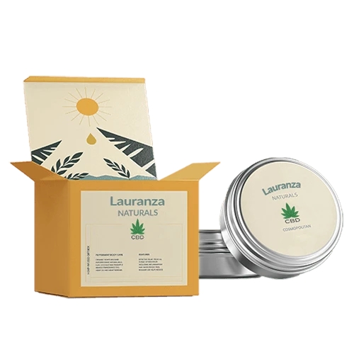 Branded CBD box and jar representing an organic hemp brand, displaying energetic colors and decent matte finish