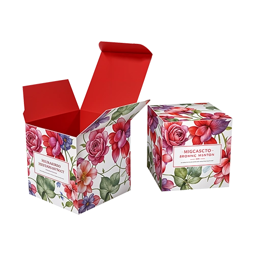 Durable cube-shaped box made of sturdy cardboard, with custom design and finish.