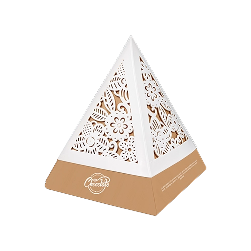 Personalized pyramid box with window cut out for product display, ideal for candy packaging.