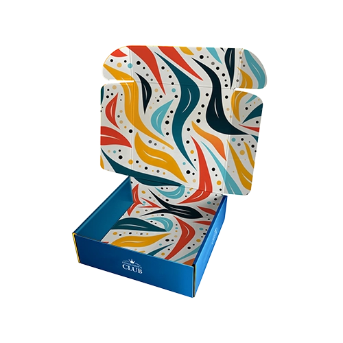 Custom printed subscription mailer box on recycled corrugated material, featuring custom printing and matte lamination
